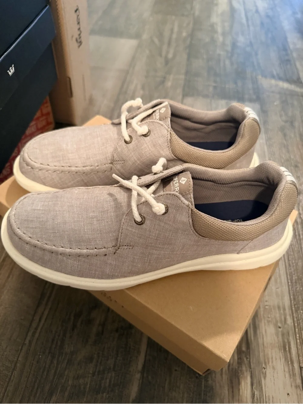 Sperry Light Gray Canvas Boat Shoes with White Laces